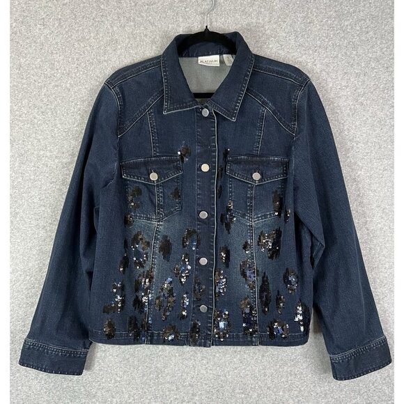 Chico’s Vintage Platinum Denim Jacket XL Dark Wash, Holiday Black/ Blue Seq - Picture 1 of 11